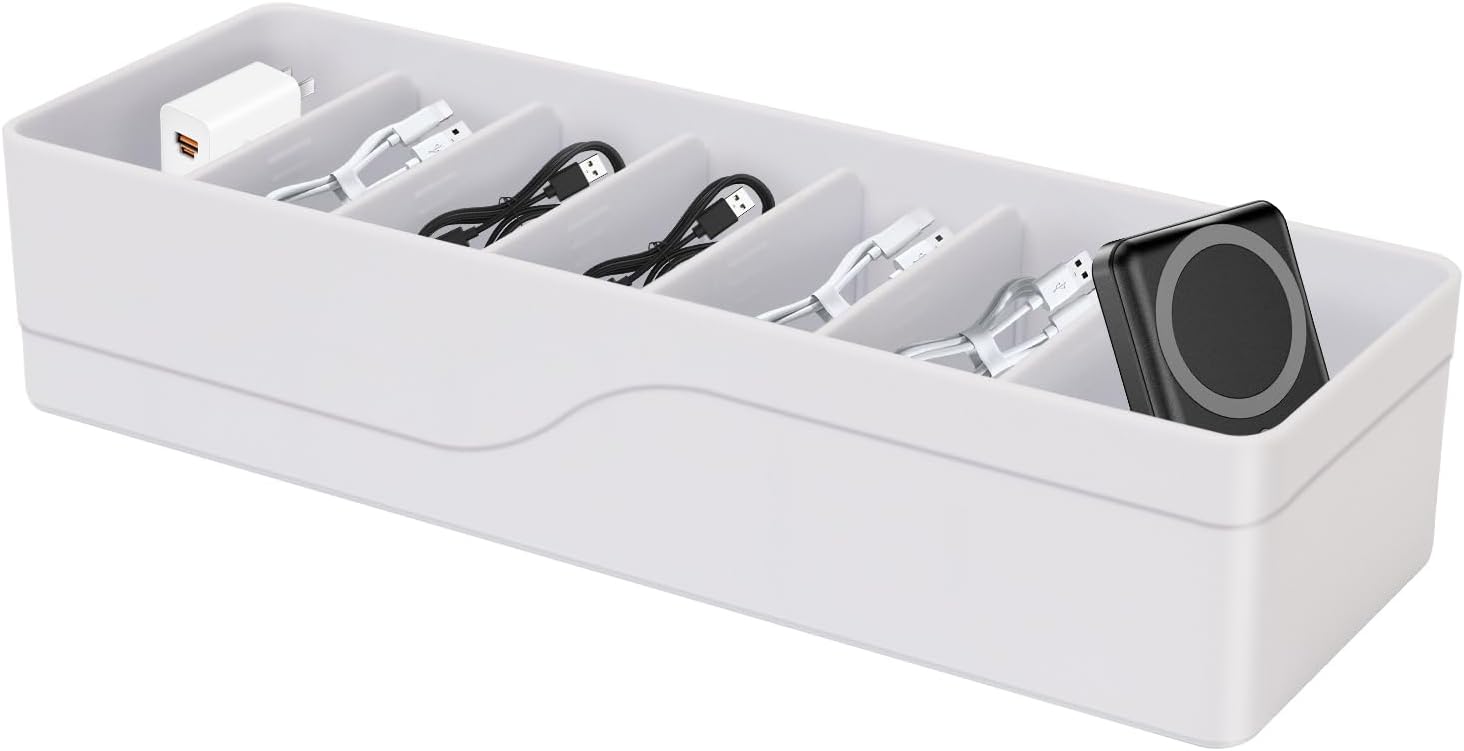 Cable Organizer Storage Box with 7 Wire Ties,Power Cord Organizer with 7 Compartments for Office,Home,Desk Accessories Storage Stationery Supplies (small size)