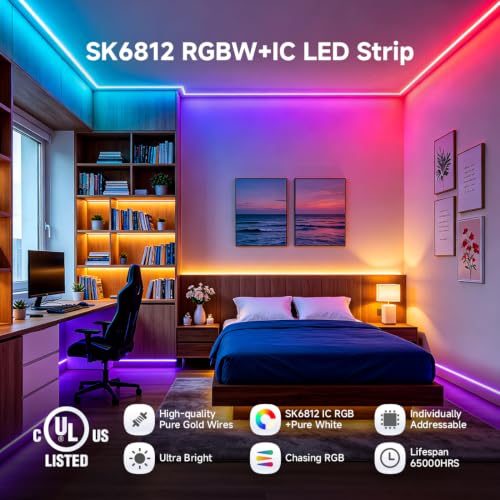 Image of BTF-LIGHTING SK6812(Similar WS2812B) UL Listed RGBW RGB+Cool White(6000K) Individually Addressable DC12V 3.28FT 144LED /m 4 Colors in 1 Light Dream LED Strip IP65 White PCB(No Adapter or Controller)