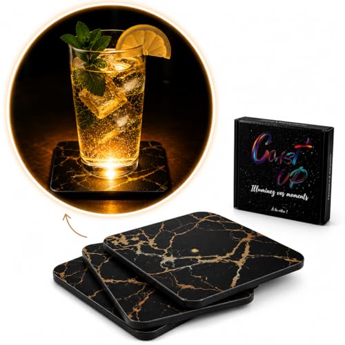 Coast’Up | Lot de 2 Dessous de Verre Lumineux LED Automatique | Ambiance Soirée, Apéro, Cocktail, Fête | Idée Cadeau Couple Originale, Crémaillère (9,3 cm x 9,3 cm)