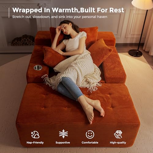 Image of MAXYOYO Oversized Chaise Lounge Sofa, Upholstered Lounge Chair with 3 Pillows Indoor, Tufted Boneless Sofa Couch with Ottoman, Deep Seat Sleeper Chair for Living Room, Bedroom, No Assembly, Orange