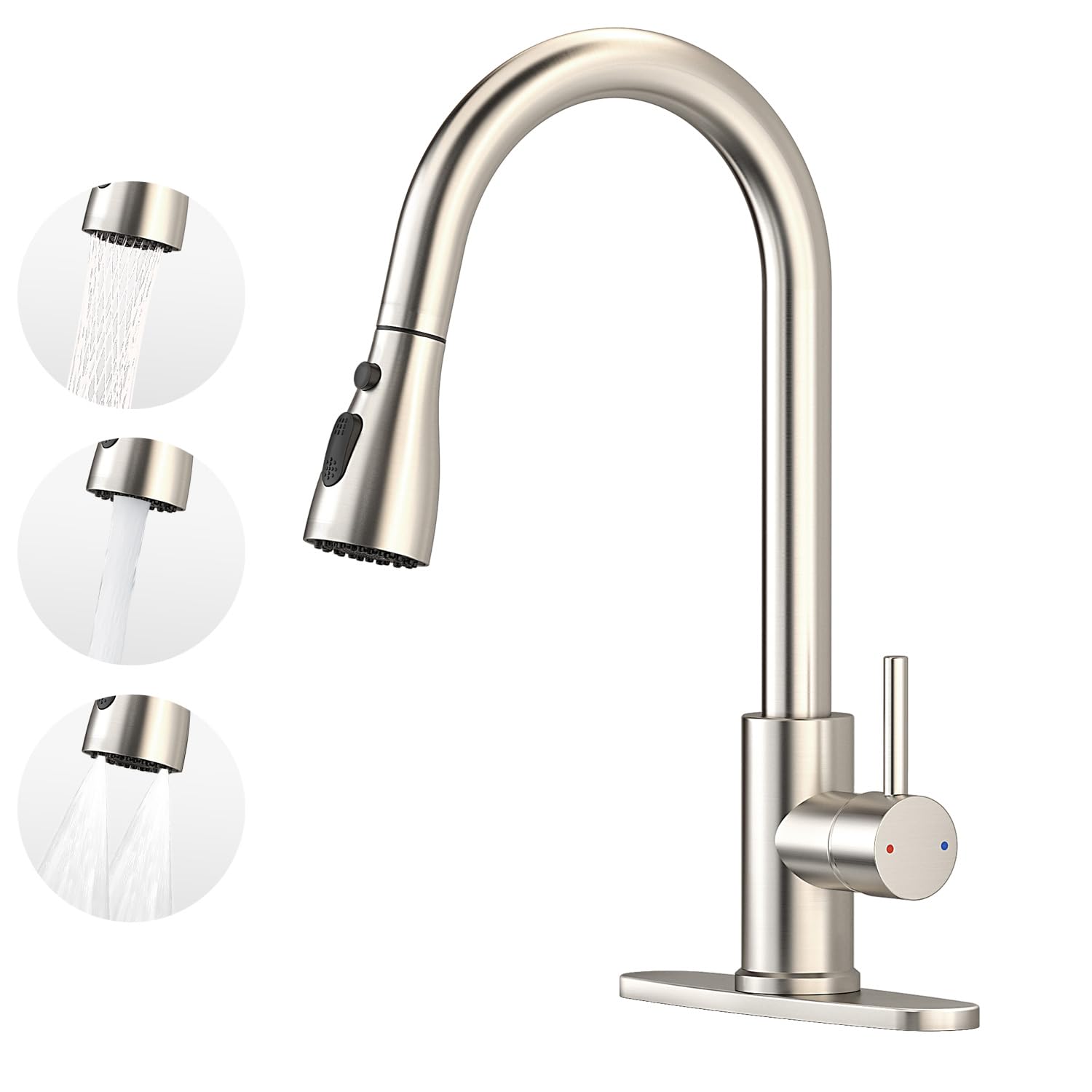 Grifo de cocina con pulverizador extraíble, grifo de cocina de acero inoxidable cepillado de una sola manija, múltiples modos de interruptor de agua, agujero de 1/3, placa de cubierta
