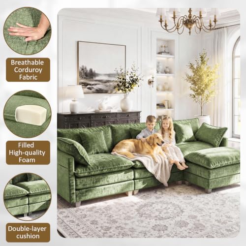 Image of LEVELEVE 112 inch L-Shape Modular Sofa with 1 Ottomans, Deep Seat Cloud Convertible Sleeper, 3 Throw 2 Arm Pillows, Comfortable Upholstered Furniture for Living Room Apartment, Green