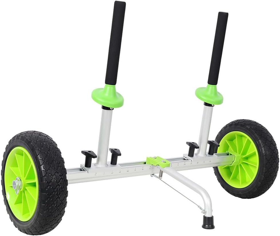 Sit-On-Top Kayak Cart, Adjustable Aluminum Kayak Dolly with 10-Inch PU Wheels, Lightweight Detachable Trolley for Fishing Kayaks & Canoes with Scupper Holes, Foldable Kayak Carrier, Green