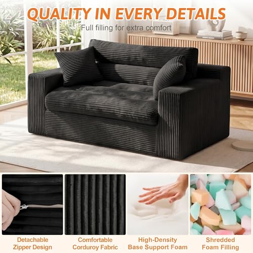Image of Erament Boneless Loveseat Sofa Couch, 2 in 1 Convertible Sofa Bed with Pillows, Fold Out Bean Bag Chair Boneless Floor Couch for Living Room Bedroom Office Lounge Apartment, No Assembly Needed, Black