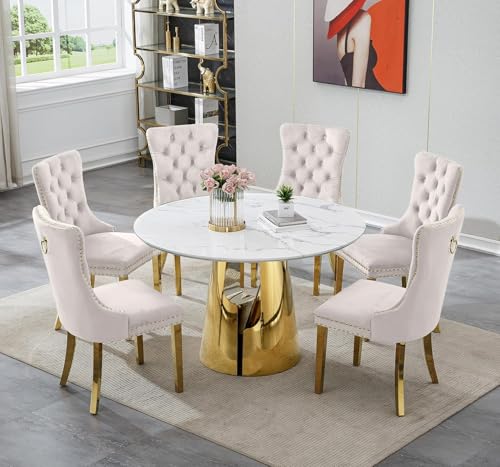 Image of 7-Piece Round Dining Table Set for 6, Modern Faux Marble Kitchen Table and Beige Velvet Chairs Set of 6, Luxury 45 inch Circle White Gold Dining Room Tables with Stainless Steel Base