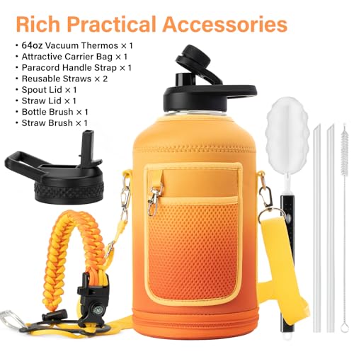 Insulated Water Bottle | Thickened Stainless Steel Vacuum Metal | Portable Sports Half Gallon Large Water Jug for Gym and Hiking with Straw, Carrier Bag, Handle Strap | BPA-Free 64 oz