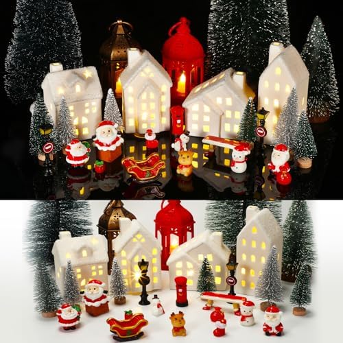 Hiboom 24 Pcs Christmas Village Sets Christmas Village Houses LED Lighted Christmas