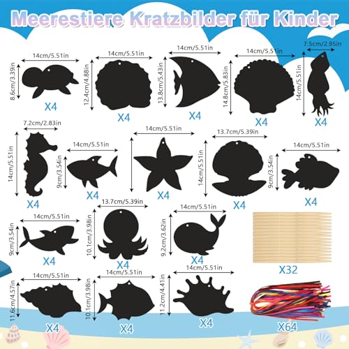 Honosen 64 Stück Meerestiere Kratzbilder für Kinder, Regenbogen Scratch Art, Niedliche Meerestiere Zeichnen Basteln mit Holzstiften Seile, für Kindergeschenke, Klassenzimmer, DIY-Spielzeug