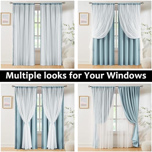 Image of Pom Pom Blackout Curtains with Sheer Overlay for Living Room Bedroom, Kid's Room, Blue Mix and Match Double Layer Window Curtains Rod Pocket Thermal Insulated Curtains with Tiebacks, 2pcs, 52x84, Blue