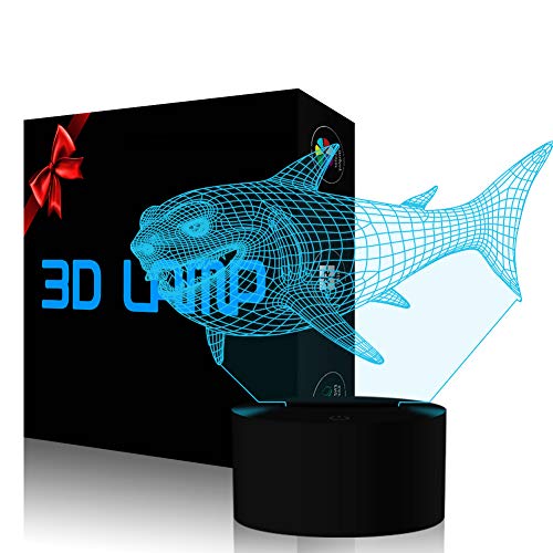 3D Shark Night Light LED Illusion Lamp YKLWORLD 7 Color Changing Table Lamps Touch Control with USB Cable Bed Room Decor Festival Birthday Gifts Toys for Kids Boys Children