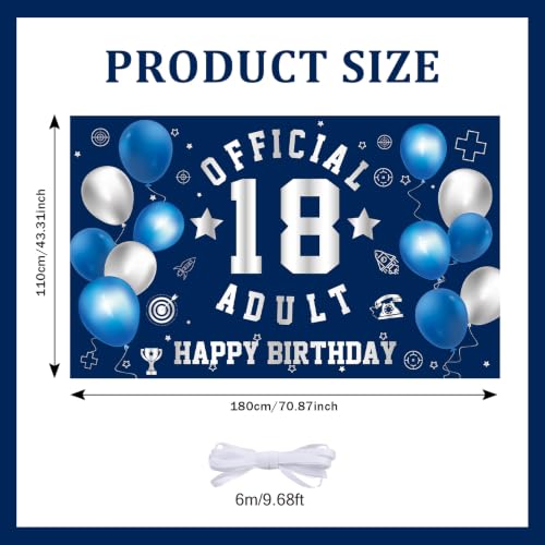 Image of Happy 18th Birthday Banner Backdrop 18th Birthday Decorations for Boy | Large Official Adult 18 Year Old Backdrop 18th HBD Party Decorations Supplies, Navy Blue Silver
