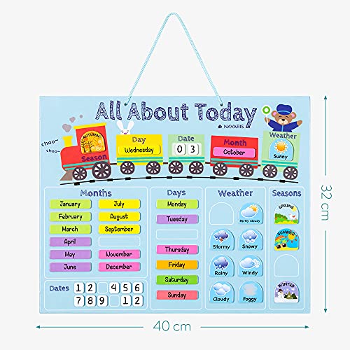 Navaris Kalender Tafel für Kinder - Lerntafel Jahreszeiten Uhr - Magnet Spiel Lernuhr - Kinderkalender Jahreskalender - magnetisch - blau - englisch