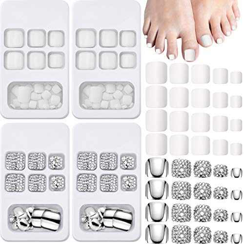 96 Pieces False Toe Nails Square Short Full Cover Toe Nail Tips with Nail Glue in 4 Boxes, Include Full Cover Rhinestone Fake Toenails and White Square Artificial Nails for Women and Girls