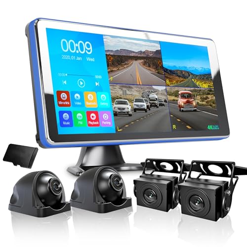 ASLONG 4K Backup Camera 4CH Dash Cam with 10.36' Quad Split Touch Screen & 4 AHD Front Rear Sides View Camera w/DVR Recording Music Video Playback Avoid Blind for RV Semi Trailer Truck Van