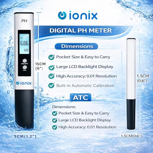 Image of IONIX PH Meter for Water Testing, PH Meter with 6 Buffers Packets of 250 ml each, PH Tester for Water with Auto Calibration Mode, Automatic Temperature Compensation & Big Backlit LCD with Carry Box