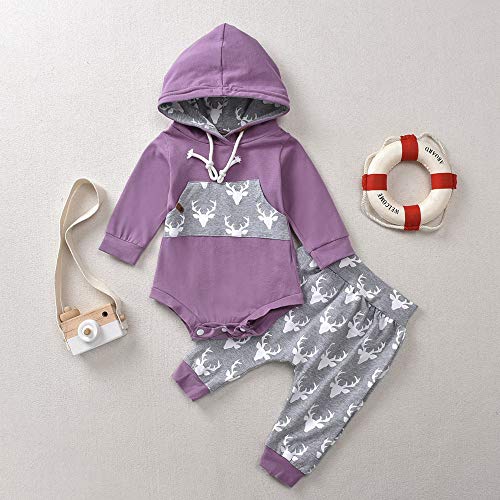 Calsunbaby Newborn Baby Boy Girl Long Sleeve Deer Romper Pullover Hooded Tops Pants 2Pcs Sweatshirt Outfits Set (Purple, 6-12 Months) #TOP1