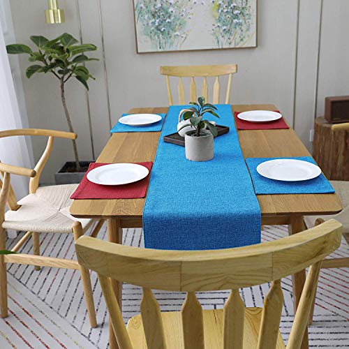 Image of Khooti Jute Dining Table Runner for 2 Seater | 12 x 36 inches | Bondi Blue| Heat Resistant | Table Runner for Dining Table , Coffee Table , Centre Table , Wedding Party | Two Sided | Washable