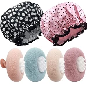 Shower Cap and Bath Sponge Sets, Double Layer Waterproof Shower Caps, Fine Shower Sponge Shower Caps Bath Accessories