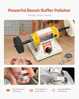 VEVOR Bench Buffer Polisher, 1/2HP Polishing Buffing Machine, 0 to 8000RPM Benchtop Polisher Grinder with 4" Cloth Wheel, 3" Grinding Wheel & 3" Fiber Wheel for Metal, Jewelry, Wood and Plastic