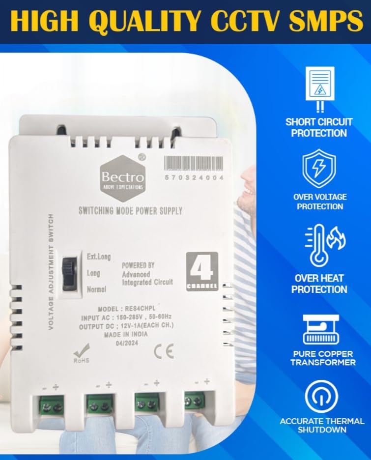 Image of Bectro Security Camera's CCTV Power Supply for 4 Channel (12V 5 Amp) SMPS (Switch Mode Power Supply) with Voltage Booster Technology