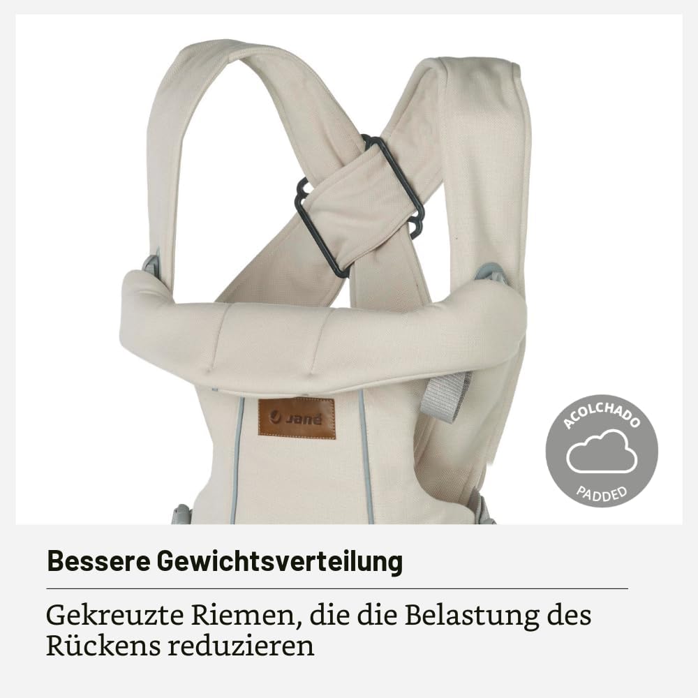 Jané Dual Ergonomische Babytrage, Ab Geburt (3,5–15 kg), 3 Tragepositionen, Gepolstert und Atmungsaktiv, Beige