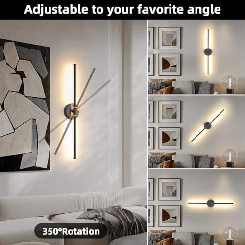 Image of Wall Sconces Battery Operated Set of 2, Black LED Wireless Wall Sconce with Remote Control 350 Rotating, 27.6 Inch Dimmable USB Rechargeable wall Lights for Living Room Bedroom Hallway