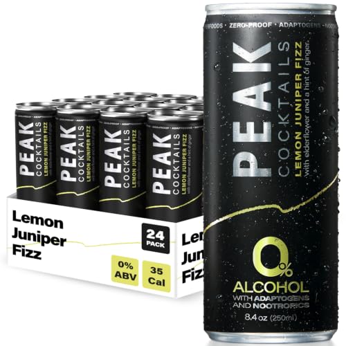 Image of Peak Cocktails Non Alcoholic Drinks, Adaptogen, Lemon Juniper Fizz 24 Pack | Calming, ashwagandha, tart cherry, L-theanine nootropic blend; recovery, sleep & mood, non-alcoholic, zero proof, crisp