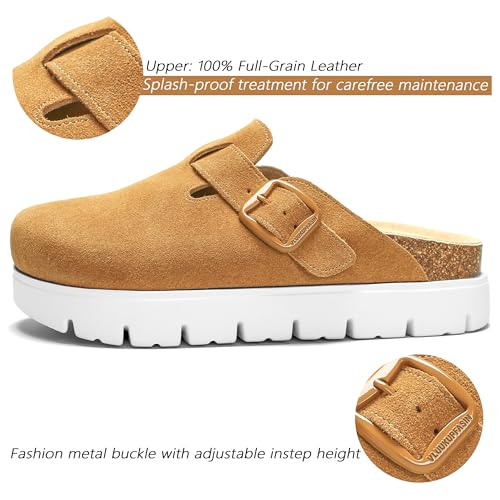 Image of Women's Suede Platform Clogs Leather Mules Slip On Indoor Outdoor Shoes | Arch Support, Cork Footbed, Adjustable Buckle,Water Resistant Upper,All Day Comfort