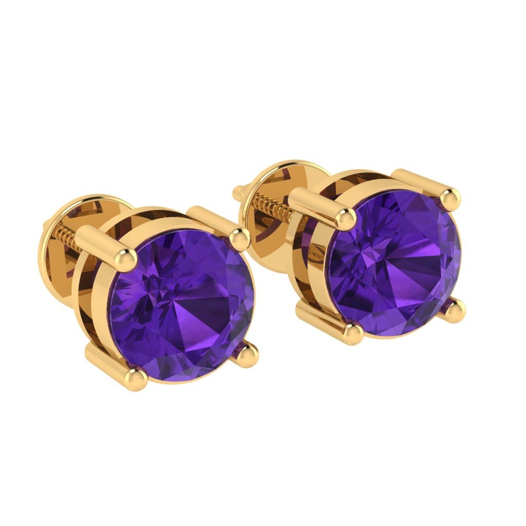 Diamtrendz Gold Plated Pure 925 Sterling Silver Earrings | 6mm X 6mm Round Shaped Gemstone Solitaire Screwback Earrings | Birthstone Stud Earrings | Multiple Gemstone Options