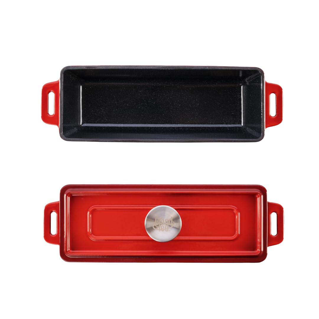 Cocotte en fonte émaillée avec couvercle et poignées - Bol étroit pour la cuisson de vases, rôtis et gâteaux - Couleur Rouge