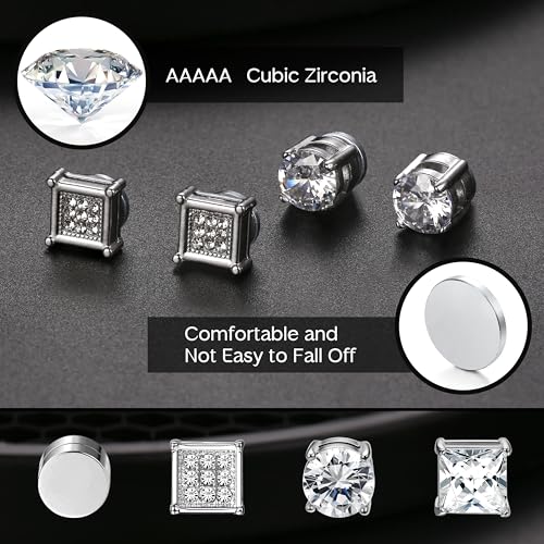 Jstyle 4 Pairs Stainless Steel Magnetic Stud Earrings for Men Women Silver Tone CZ Non-Piercing Clip On Stud Earrings Set 6-8MM2
