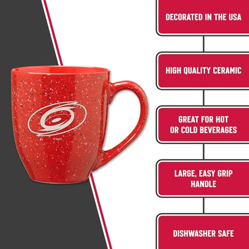Image of Rico Industries NHL Hockey Carolina Hurricanes Red Personalized 16 oz Team Color Laser Engraved Speckled Ceramic Coffee Mug