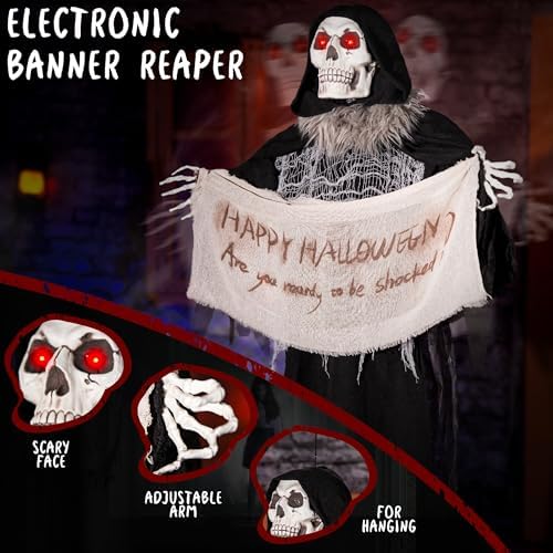 51K-MlXFgoL._AC_ Halloween Animatronics Grim Reaper Hanging 60 Inch Animated Skeleton Decorations with Sound Activated Scary Voice Scary Skull Head Luminous Eyes Scary Movement