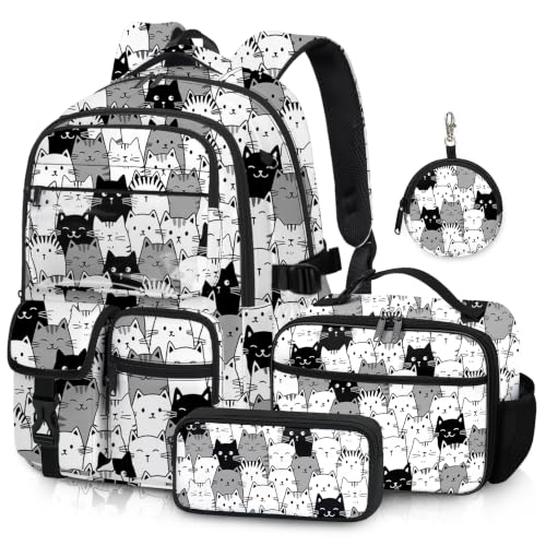 Fihevur Cat Backpack Set for Girls Kids School Backpack with Lunch Box and Pencil Case Coin Purse School Bookbag for Kindergarten Elementary