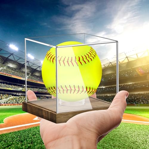 Image of Hooqict Softball Display Case Clear Acrylic Ball Holder UV Protected with Wood Base Stand, Softball Case Display Box Championship Square Box for Golf Tennis Game Ball Baseball