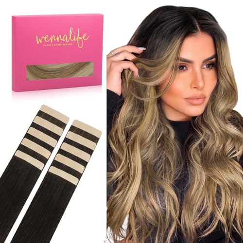 Image of WENNALIFE Tape in Hair Extensions Human Hair Dark Brown to Chestnut Brown and Dirty Blonde Highlighted Tape in Extensions, 10pcs 25g 14 inch Remy Invisible Tape Ins Straight Colored Soft Refill Set