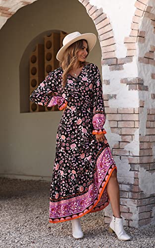 PRETTYGARDEN Long Sleeve Maxi Dress for Women V Neck Casual Button Down Boho Long Floral Dresses