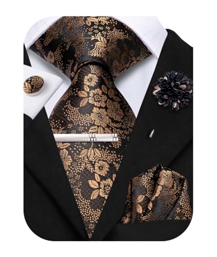 Image of Hi-Tie Brown Ties for Men Floral Jacquard Necktie and Pocket Square Lapel Pin Silver Tie Clip Cufflinks Set Wedding Business 6PCS