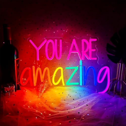 Image of You Are Amazing Neon Sign Dimmable, USB You are Amazing LED Neon Light Sign for Wall Decor, Colorful LED Letter Light Up Sign for Living Room Bedroom Christmas Gift, 16.9 inch X 10.6 inch