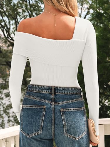Image of LILLUSORY Womens Off the Shoulder Sweaters Going Out Fall Top | Flattering Ribbed Knit Bodycon Pullover for Date Night,Chic Asymmetric Neckline,Stretchy Holiday Party Clubwear Clothes