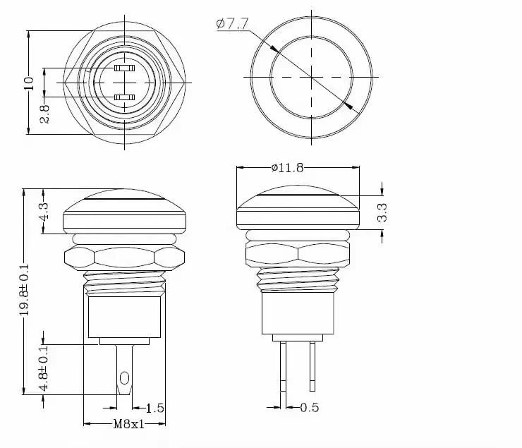 1 petit bouton poussoir rond en métal argenté de 8 mm depuis la réinitialisation. Démarrage de la sonnette