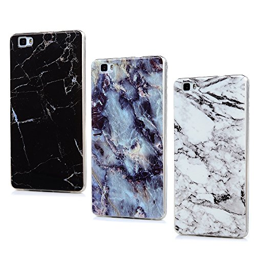 Mavis's Diary 3X Funda Silicona para Huawei P8 Lite 2015/2016,Gel TPU Ultra Slim Suave Cover Carcasa Case Bumper Shock-Absorción y Anti-Arañazos - Modelo de mármol,Azul, Blanco, Negro