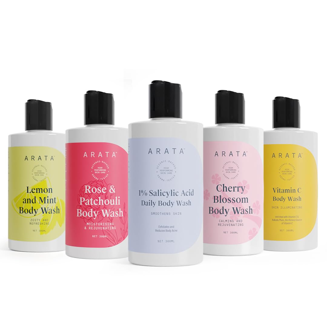 Arata Body Washes - Pack of 5 | Contains Rose & Patchouli, Vitamin C, 1% Salicylic Acid, Cherry Blossom, Lemon & Mint | Net 1500 ML