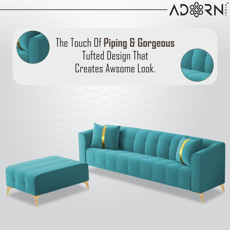 Image of Adorn India Premium Mystic - 3 Years Warranty - L Shape 5 Seater Sofa Set Velvet Suede Fabric - Aqua Blue
