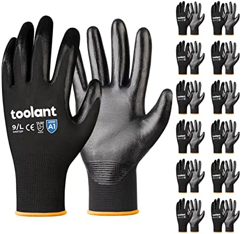 toolant Work Gloves for Men-12 Pairs, Nitrile Coated Work Gloves with Grip, Touch Screen Gloves for Warehouse, Mechanic, Construction, Gardening, Woodworking, Oil Resistant Gloves (Black, Large)