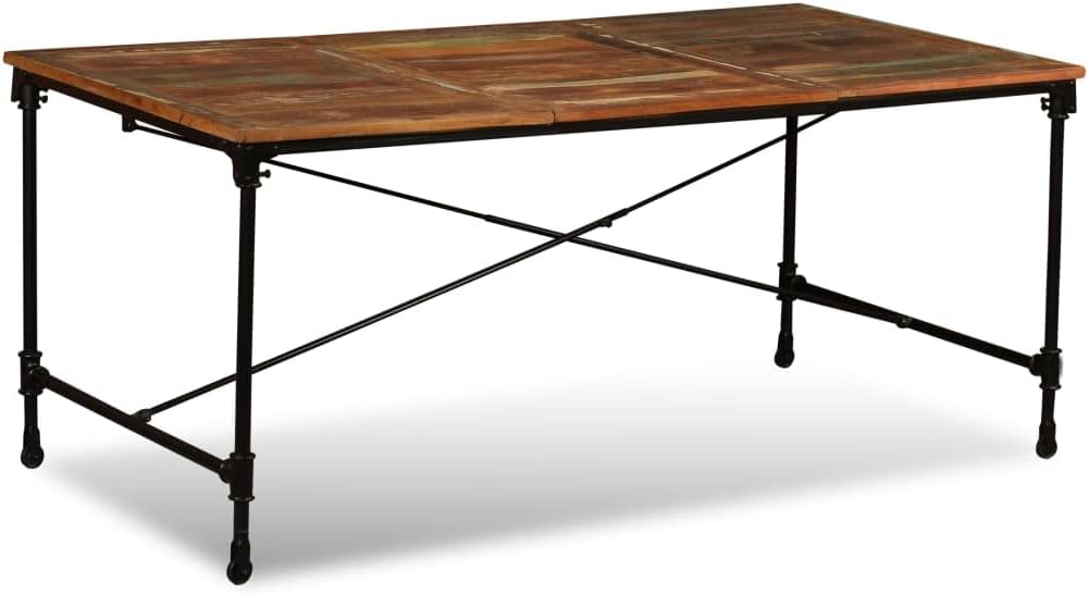Multicolor Solid Reclaimed Wood and Powder-Coated Steel Dining Table, Rectangular Shape Seats Up to Six, Wheels for Easy Setup, Durable Rust-Resistant Legs, Functional