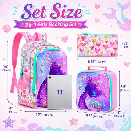 Image of 3Pcs Mermaid Backpack for Girls, 16 inch Kids Fish Tail Backpacks with Lunch Box, School Bookbag for Elementary Preschool Kindergarten(Pink)