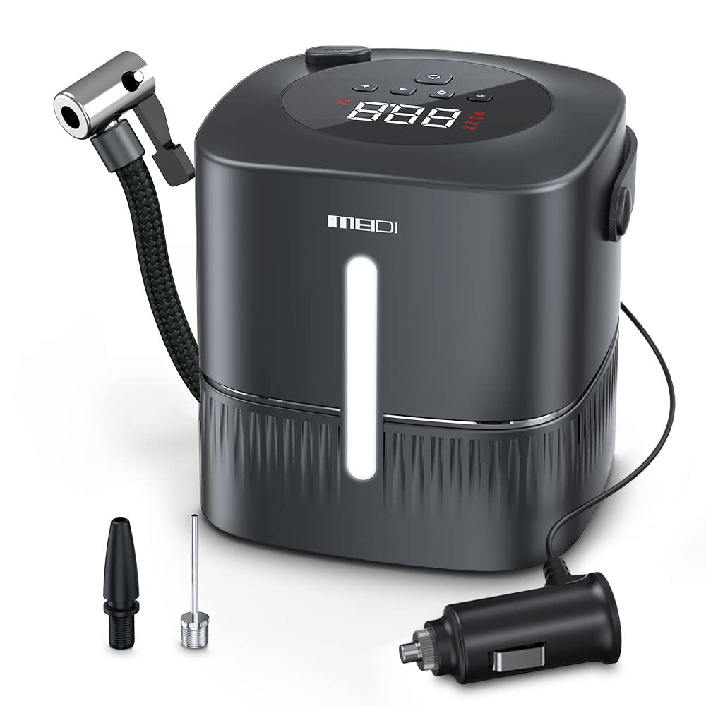 MEIDICar Tire Inflator Portable Air Compressor, Fast Inflation Air Pumps for Car Tires with Retracts Cord Button, Digital LED Screen, Auto-Off, 4 Inflation Modes, LED Light for Car, Motorcycle