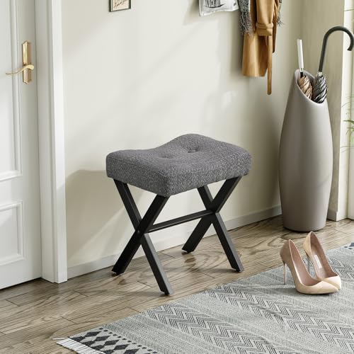 Image of Memobarco 18-Inch Vanity Stool Chair, Vanity Bench with Metal X-Legs, Ottoman Accent Stool with Breathable and Soft Boucle Fabric Saddle Seat, Grey