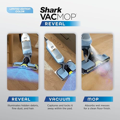 Image of Shark VACMOP Reveal Cordless Hard Floor Cleaner, Vacuum & Spray Mop, Powerful Suction, Lightweight, Illumination Light, 4 Disposable Pads, 12oz Pet Multi-Surface Cleaning Solution, Blue, VM401BL